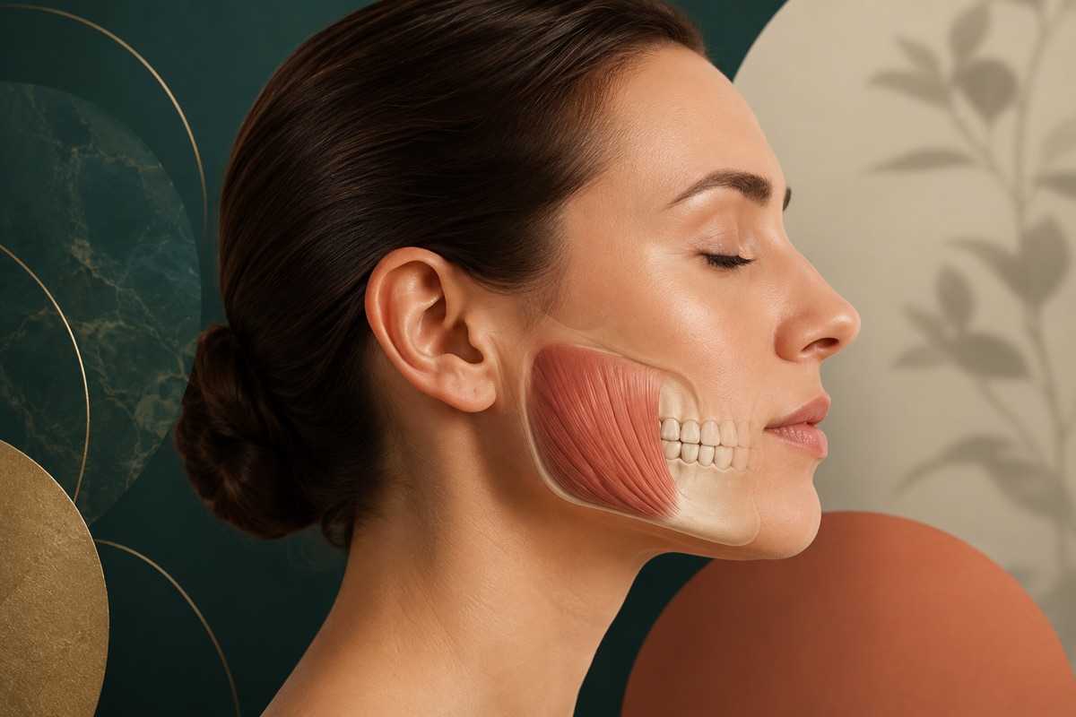 Ilustração médica sobre botox no masseter
