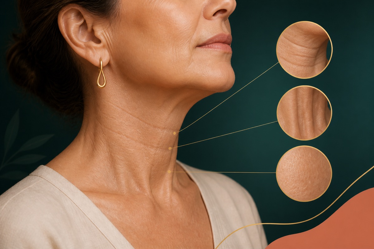Ilustração médica sobre como tratar rugas e flacidez do pescoço